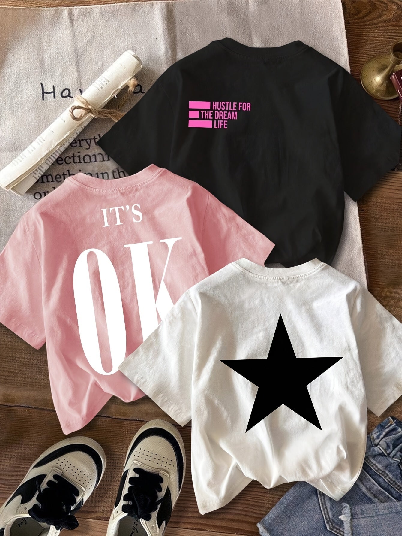 Women’s Summer Cropped T-Shirts Set of 3 with Star and Letter Prints Cotton Polyester Crew Neck Short Sleeve