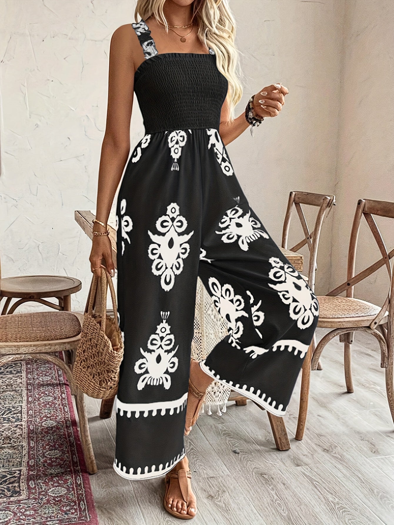 Women's Plus Size Sleeveless Floral Print Jumpsuit with Wide-Leg Pants