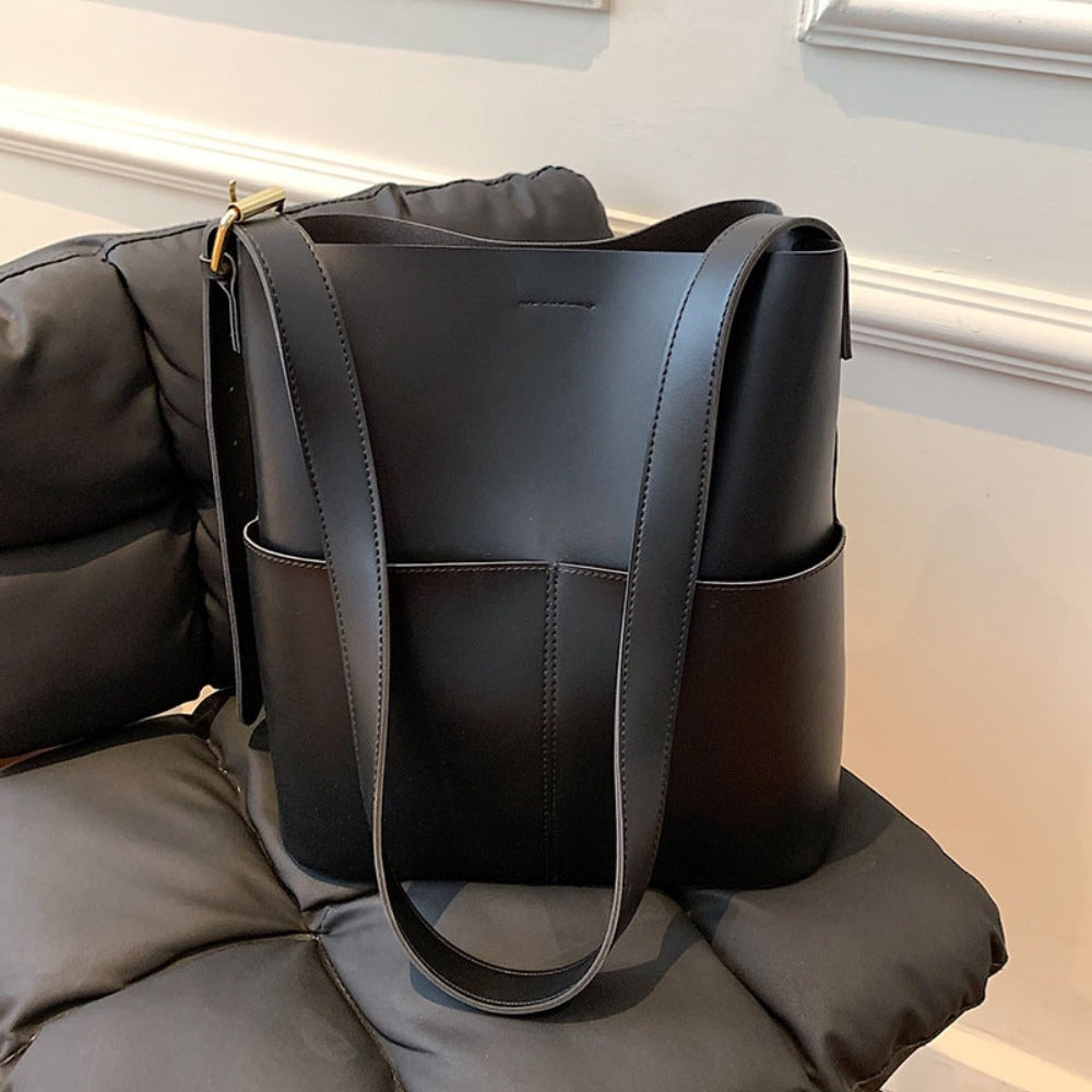 Large Black Tote Bag for Women with Polyurethane Lining and Magnetic Closure