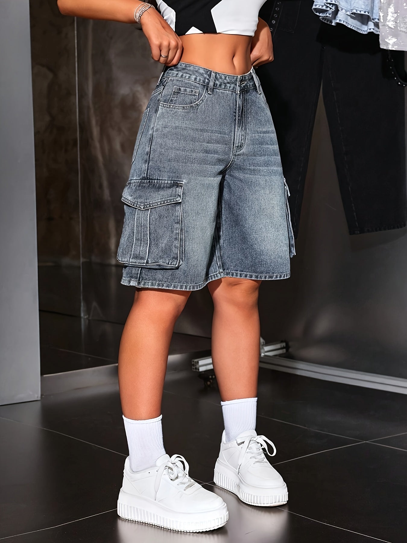 Plus Size Women's Denim Overalls Summer Casual Loose Waistband Multiple Pockets