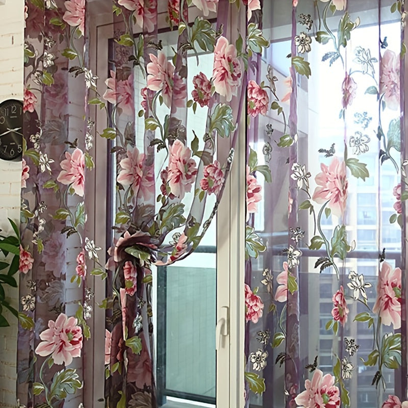 Floral Tulle Sheer Curtain Panel with Rod Pocket Purple Yellow Flowers Living Room Decor