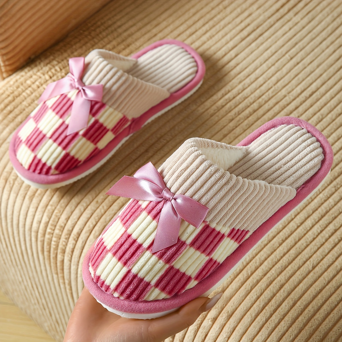 Women's Checkered Knit Slippers with Bow Non-Slip Sole Indoor Comfort