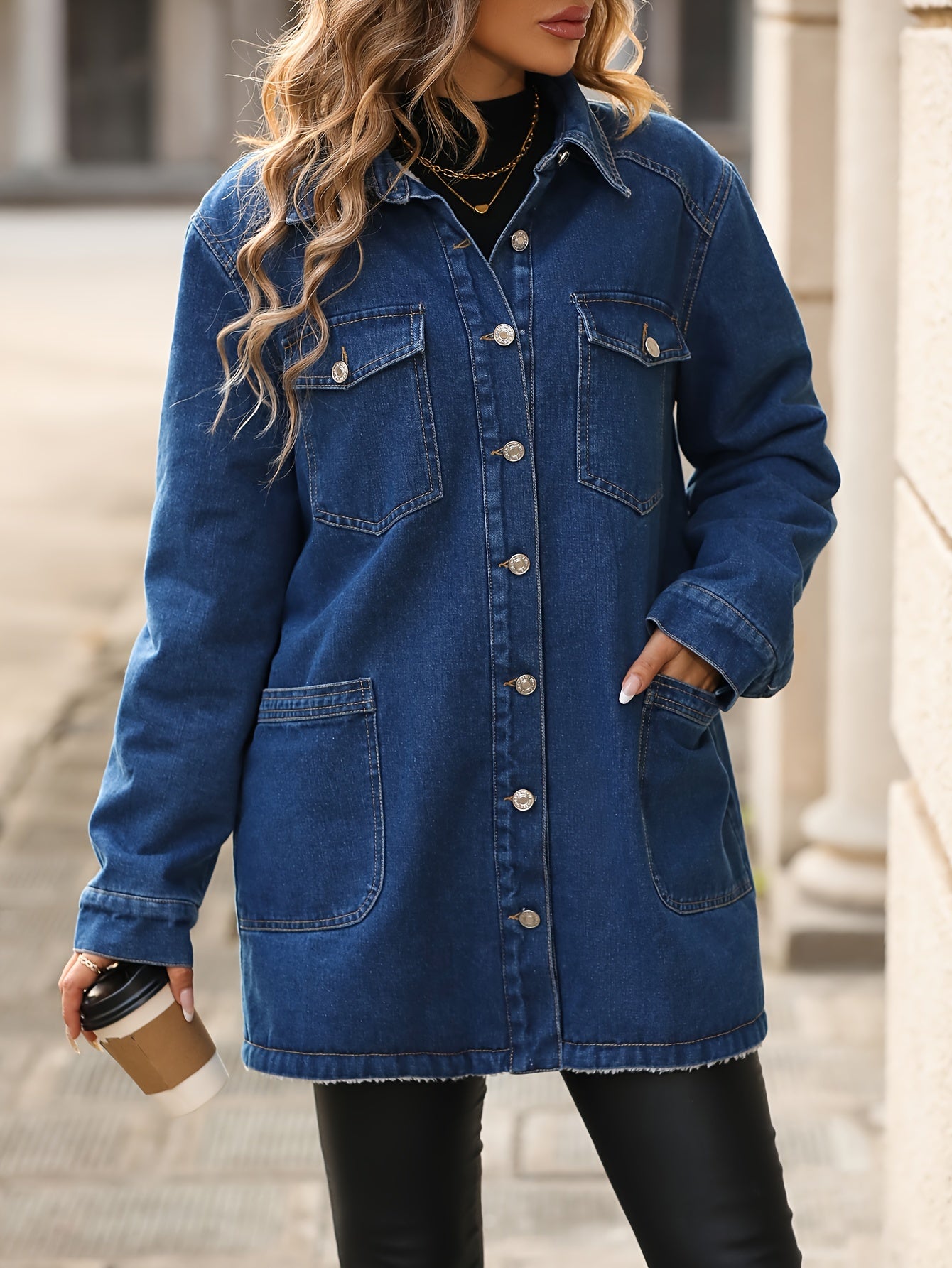 Women's Denim Jacket with Pockets Solid Color Woven Fall Winter