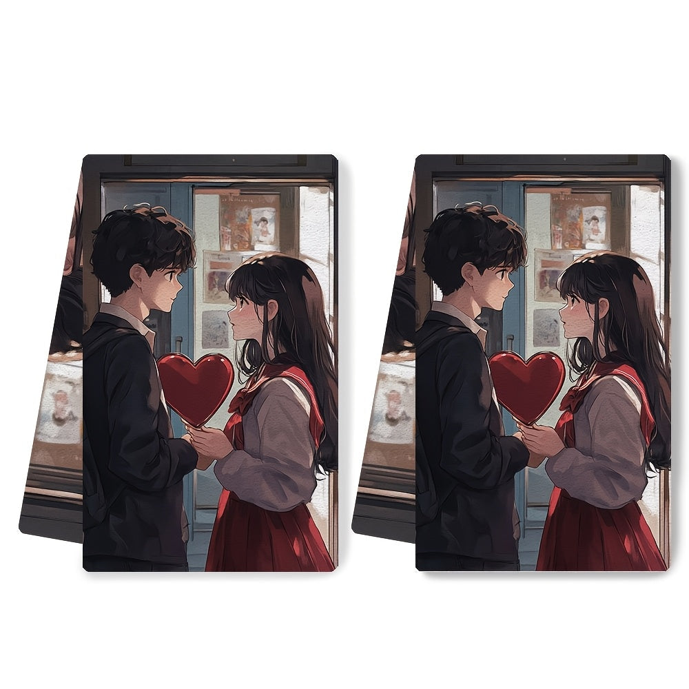 Set of 2 Ultra Soft Absorbent Kitchen Towels with Anime Boy and Girl Design