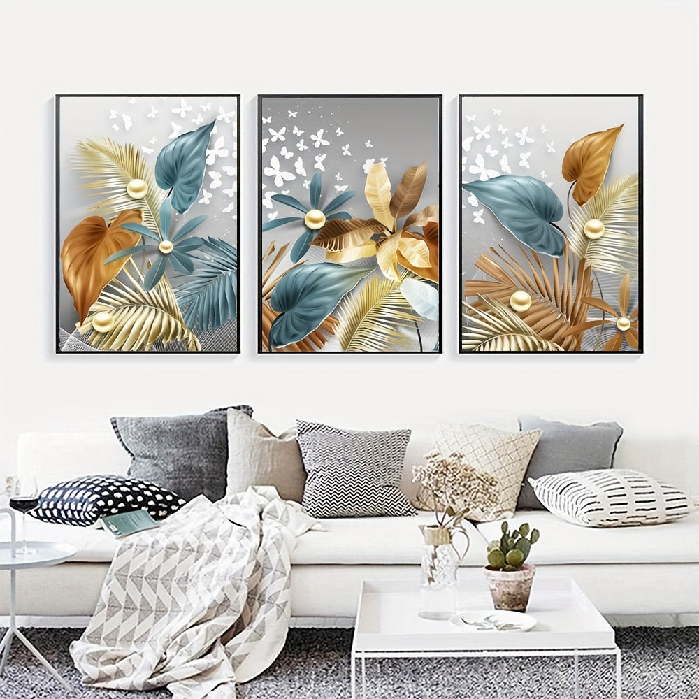 Set of 3 Flower Leaf Canvas Wall Art Posters Frameless for Living Room Bedroom Kitchen Office