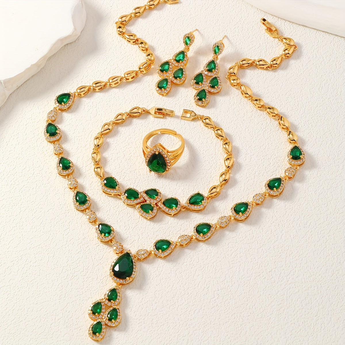 Women's Middle Eastern Jewelry Set with Green Water Drop Cubic Zirconia Necklace Bracelet Ring Earrings