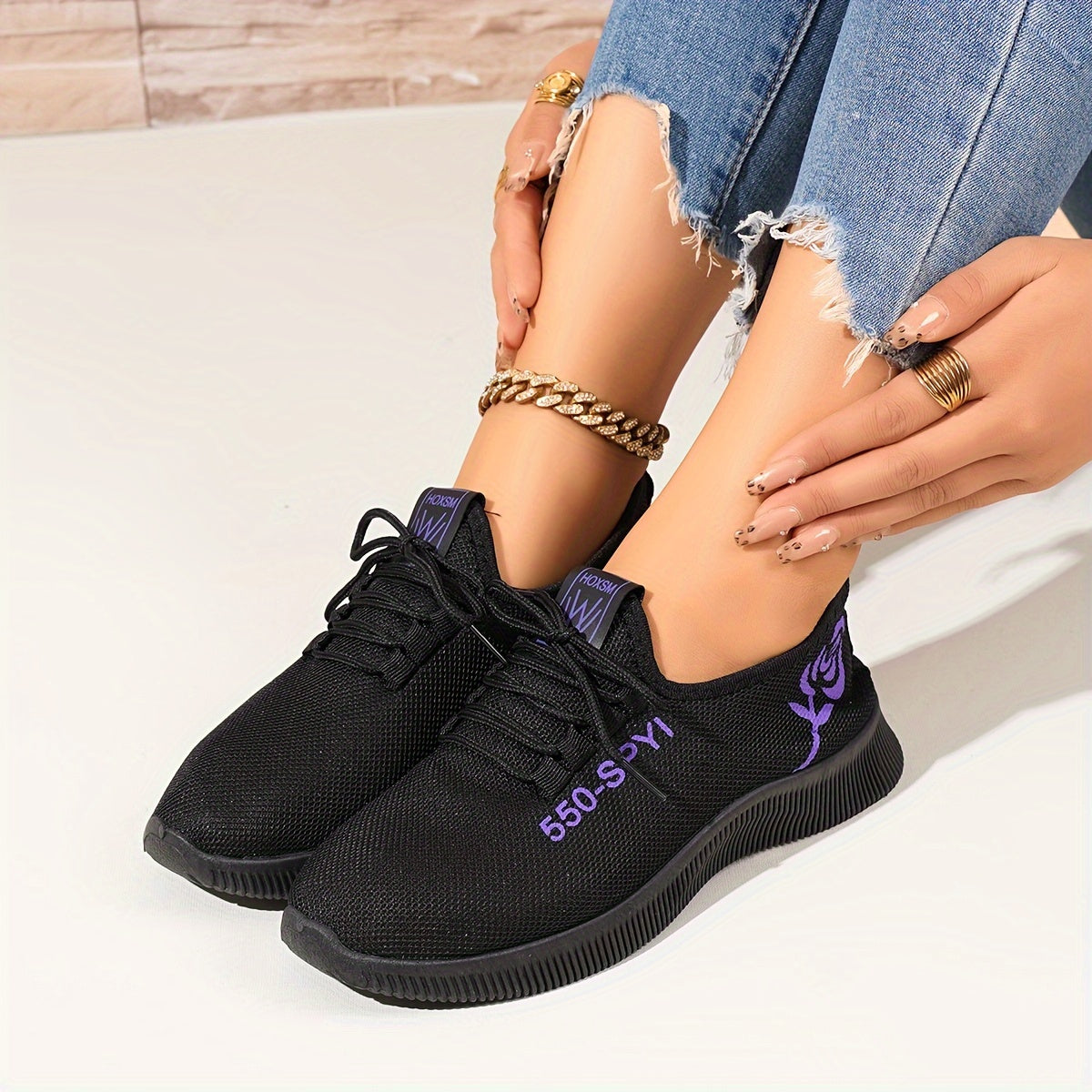 Women's Breathable Black Sneakers with Colorful Accents Low-Top Casual Athletic Shoes