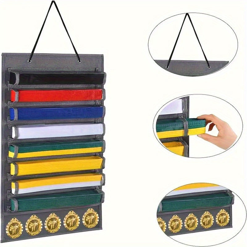 Display Rack for Martial Arts Belts and Medals Wall Storage with 9 Clear Pockets