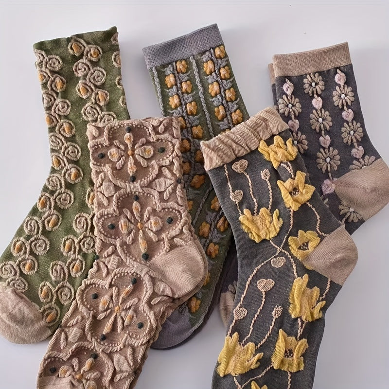Women’s Ethnic Style Mid-Calf Socks 5 Pairs Embossed Pattern Breathable Comfortable