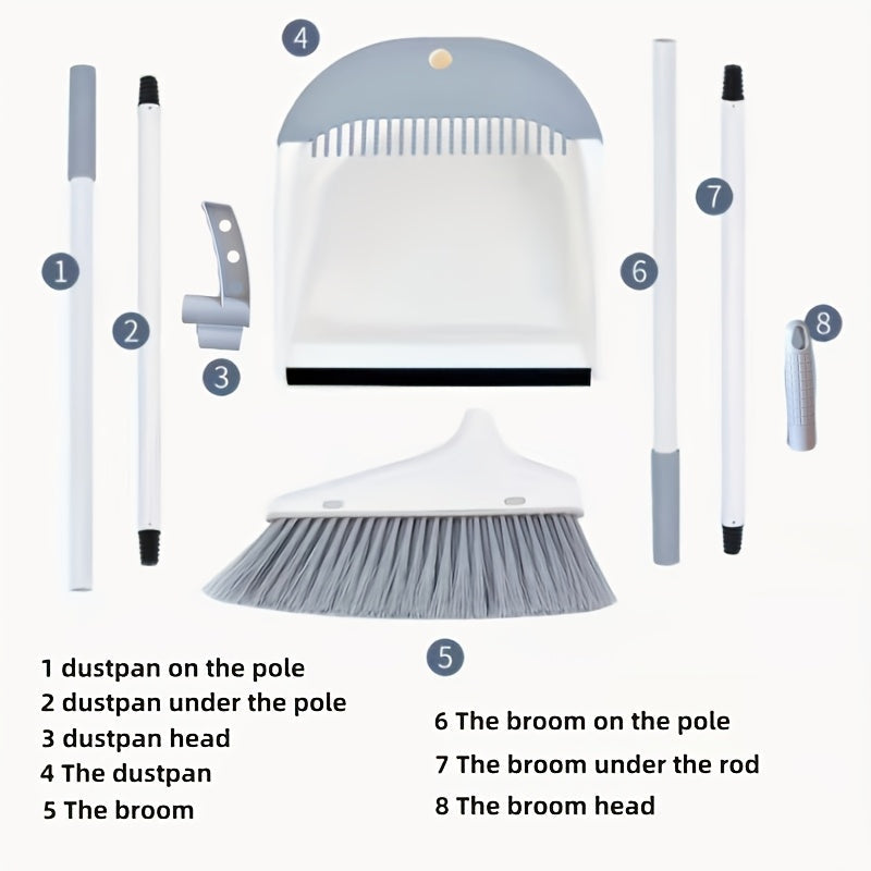 Bir toza uskunalar to'plami, 80 sm balandlikdagi supurgi va uzun tutqichli axlat qutisini o'z ichiga oladi. Yaratilgan axlat qutisi oson tozalash uchun taroq tishlariga ega. Uylar, ofislar, maktablar, yotoqxonalarda va maktabga qaytish uchun mukammal.