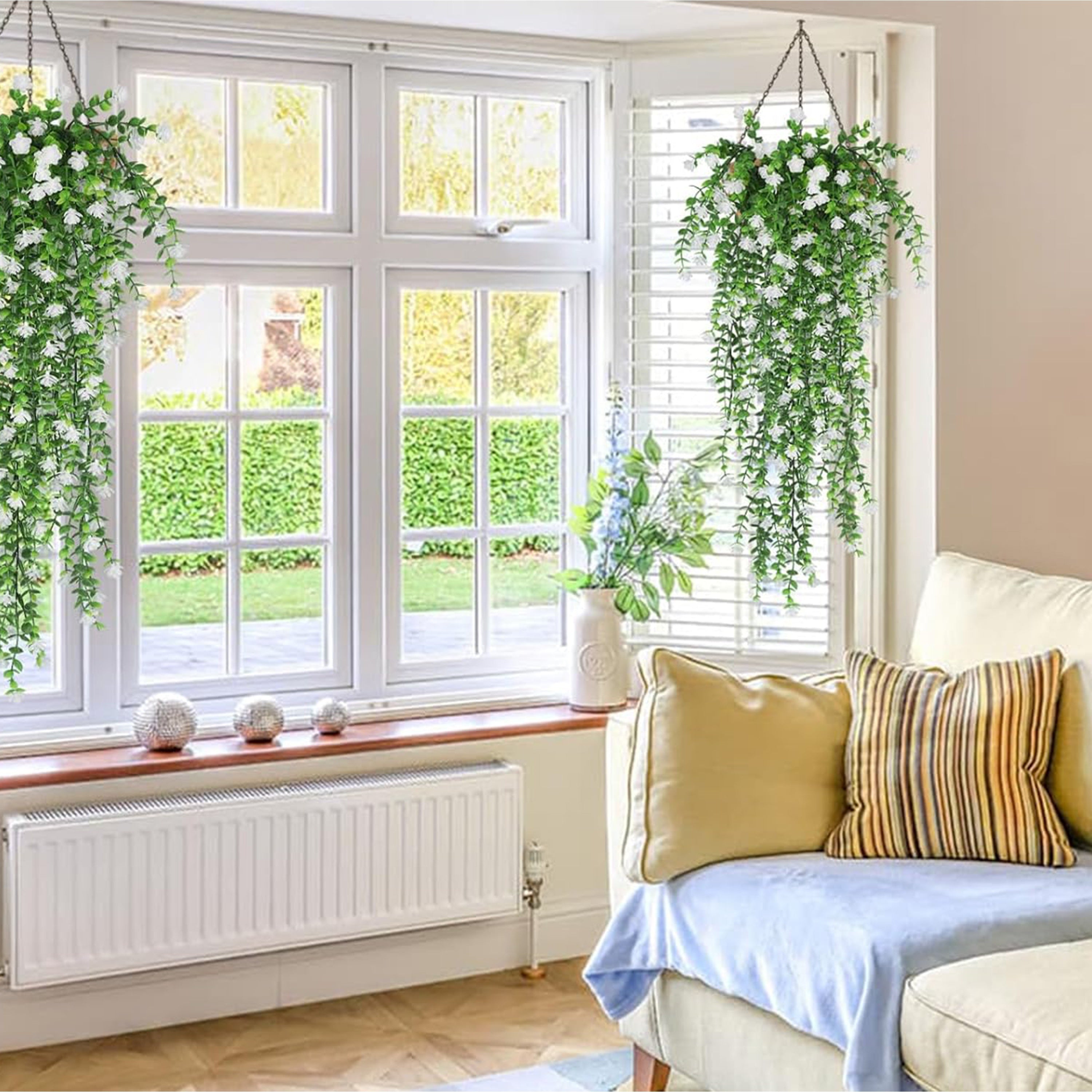 6 Pack Artificial Hanging Plants with Detachable Eucalyptus Tea Flowers for Indoor Outdoor Wall Garden Decor