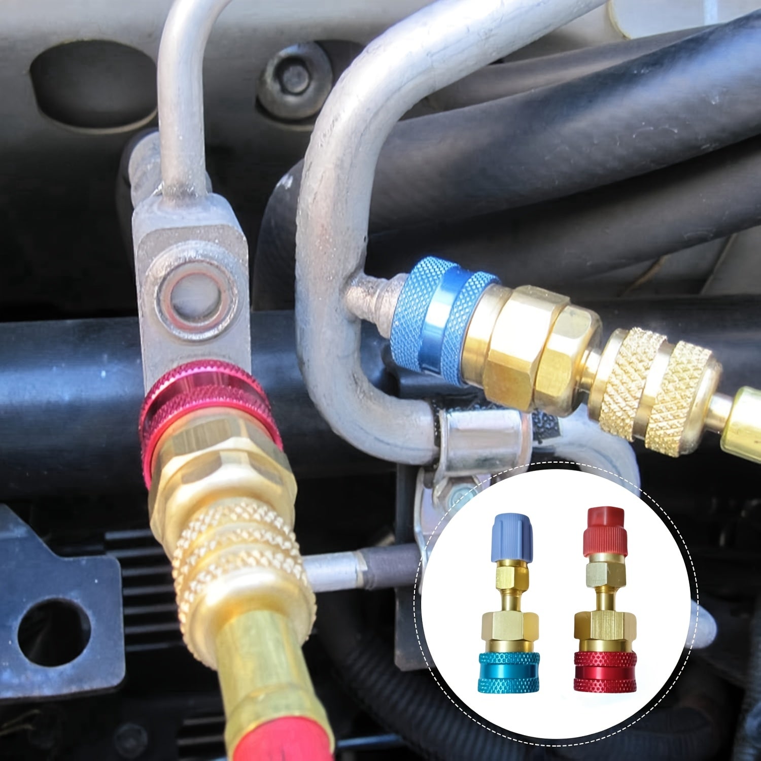 R1234YF dan R134A yuqori/pastki tomonli ulanishlar uchun R134YF tez ulanish adapterlari juftligi, avtomobil havo konditsioneri uchun AC zaryadlash shlangi adapteri, quvvat talab qilinmaydi
