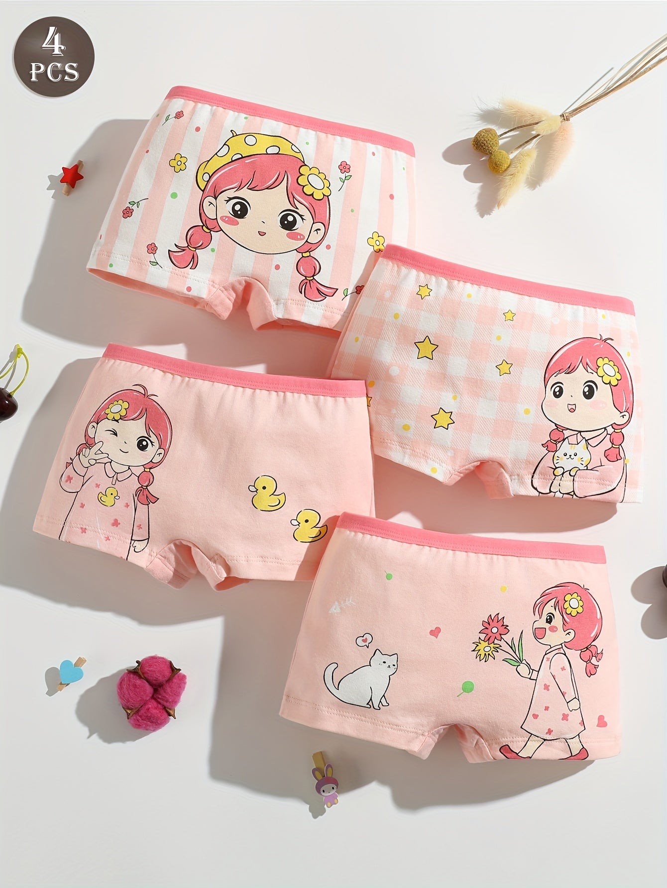Girls Cotton Boxer Briefs 4 Pack with Cartoon Pattern Flat Leg Underwear