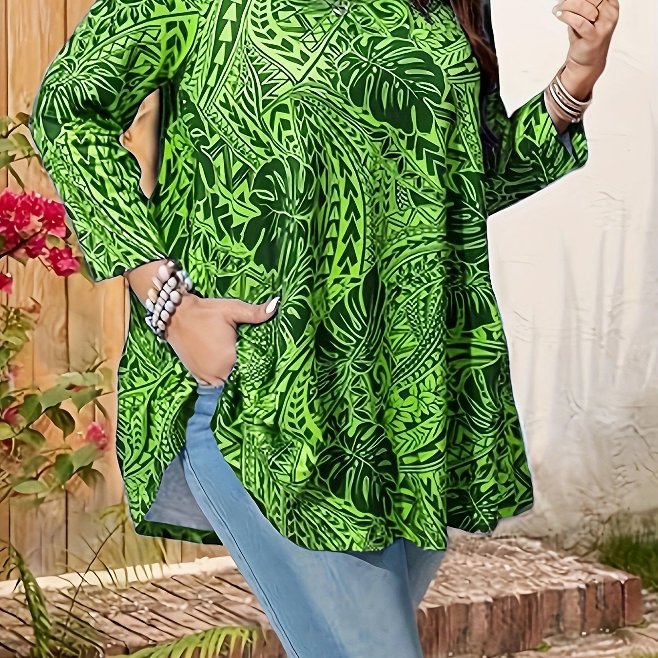 Plus Size Women's T-Shirt with Leaf Print Crew Neck Long Sleeve Stretchy Polyester