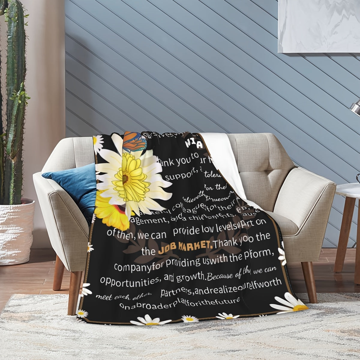 Knitted Polyester Throw Blanket with Thank You Message Floral Butterfly Design for All Seasons