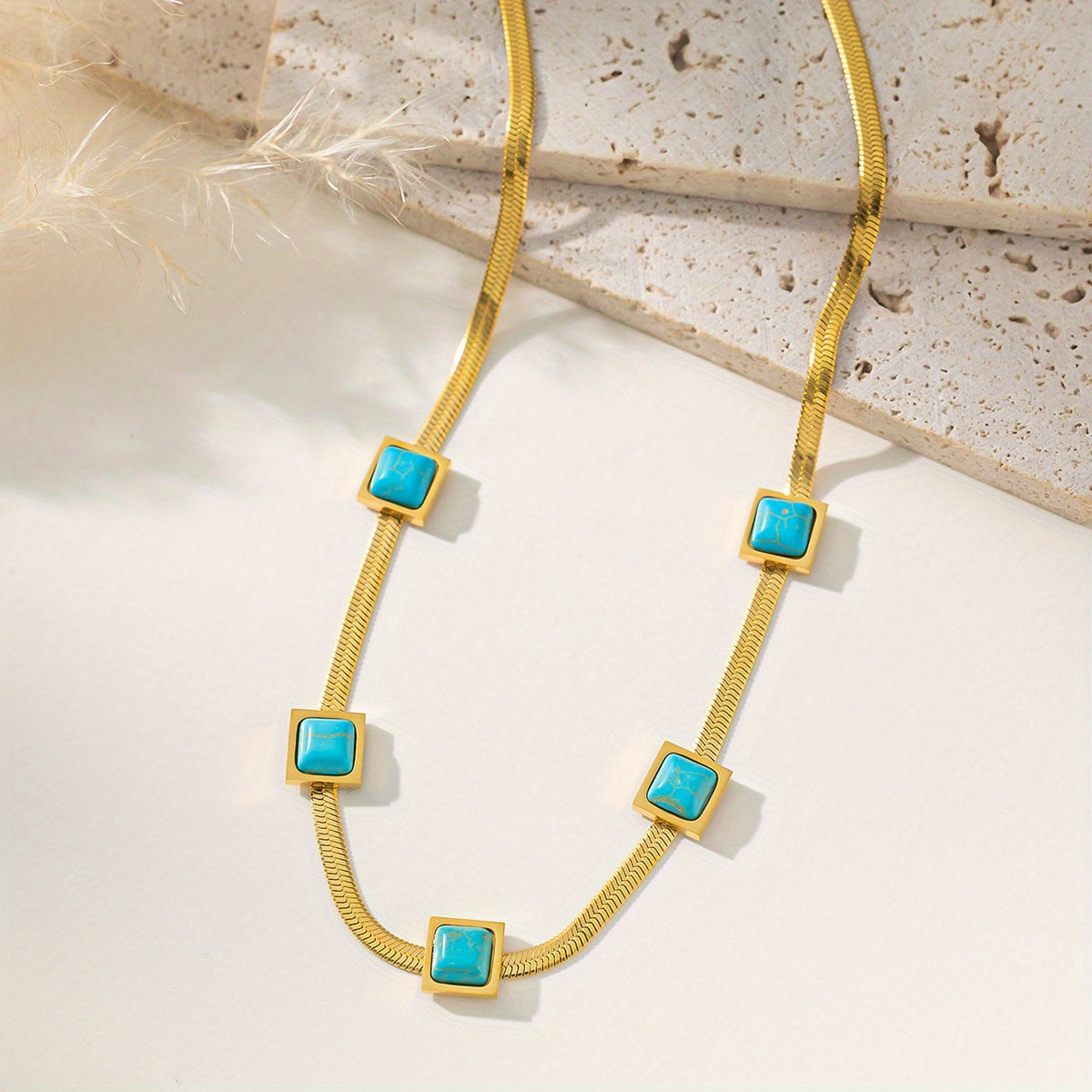 Gold Plated Square Pendant Necklace with Synthetic Turquoise for Women
