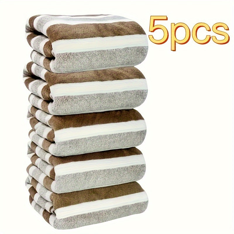 Soft Coral Fleece Towel Set 5 Pieces Quick-Dry Striped Polyester 280gsm