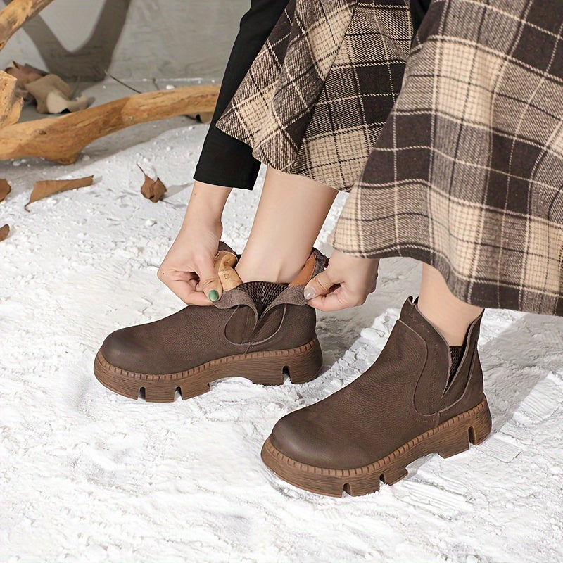 Women's Genuine Leather Short Boots Thick Soles Casual Round Toe