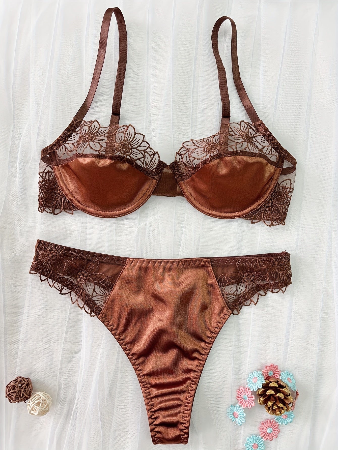 Women's Floral Embroidered Lingerie Set with Underwire Bra and Panty