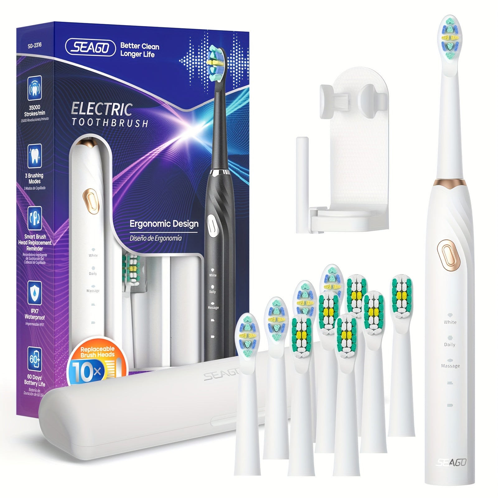 Elektr tozalash cho'tkasi to'plami Qora, qayta zaryadlanadigan, 3 ta rejim va 10 ta cho'tka boshli