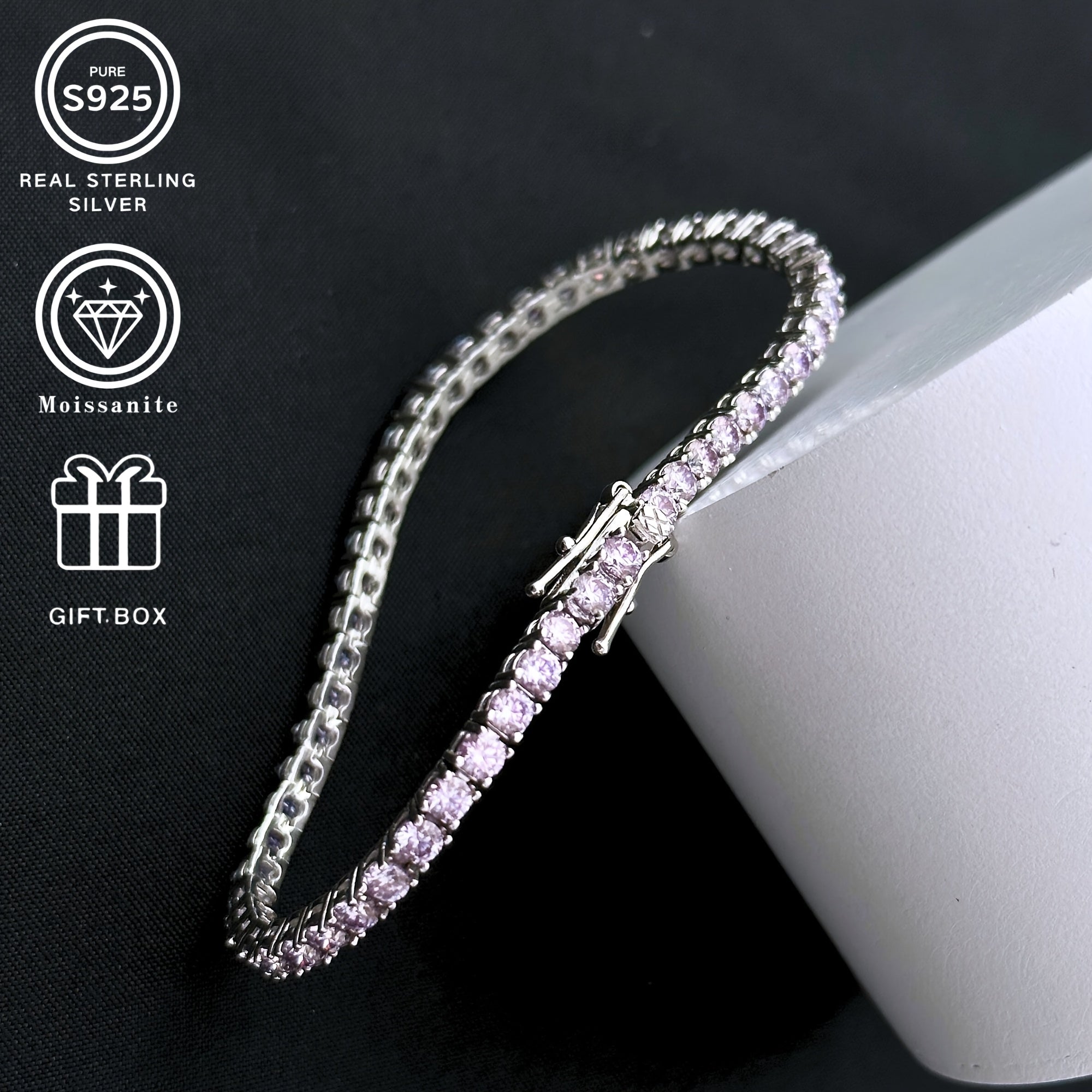 Pink Sparkling Moissanite Silver Bracelet 9.6G Elegant Jewelry Gift