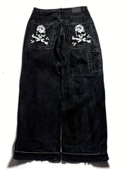 Men's Y2K Style Skull Print Wide Leg Jeans with Flap Pockets Streetwear Denim Plus Size