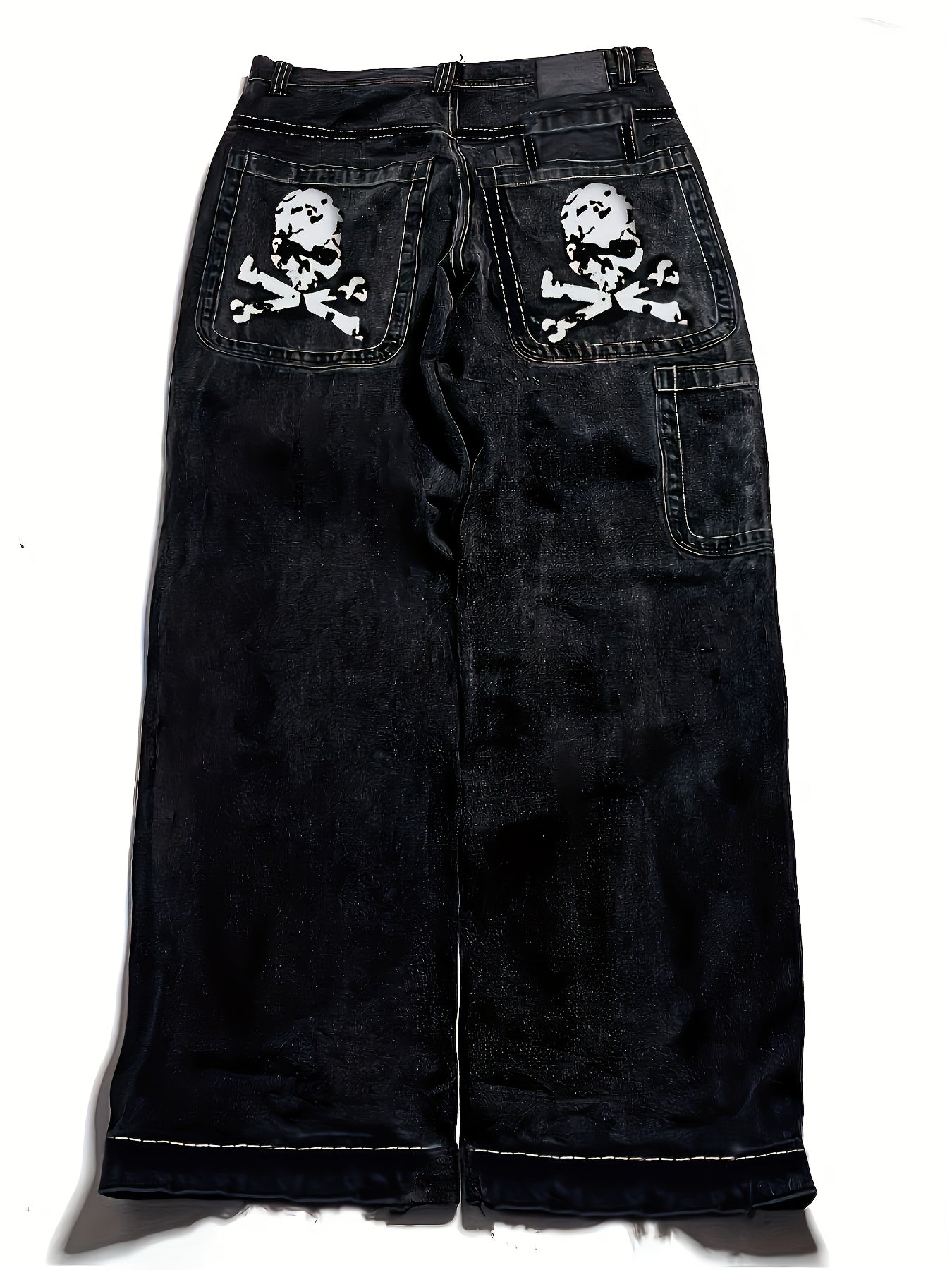 Men's Y2K Style Skull Print Wide Leg Jeans with Flap Pockets Streetwear Denim Plus Size