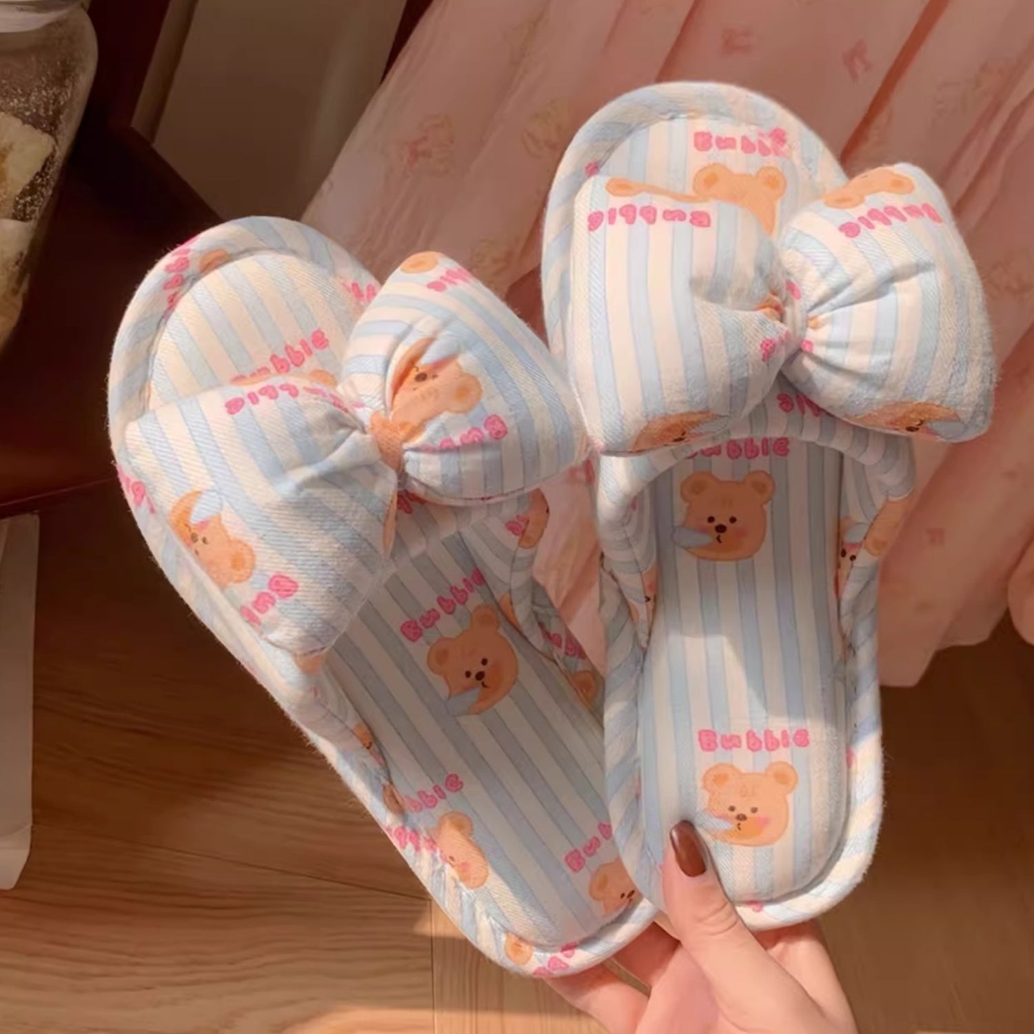 Girls Bear Striped Slippers Linen Fabric Indoor Footwear with Bow