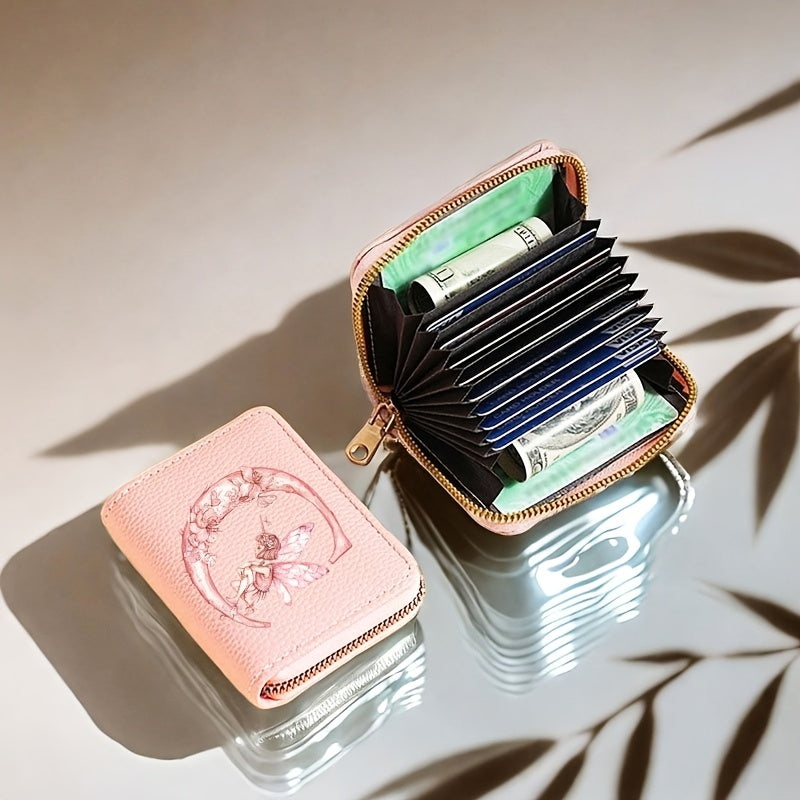 Tarjetero de mujer de cuero sintético, estilo acordeón delgado, con cierre de cremallera para monedas