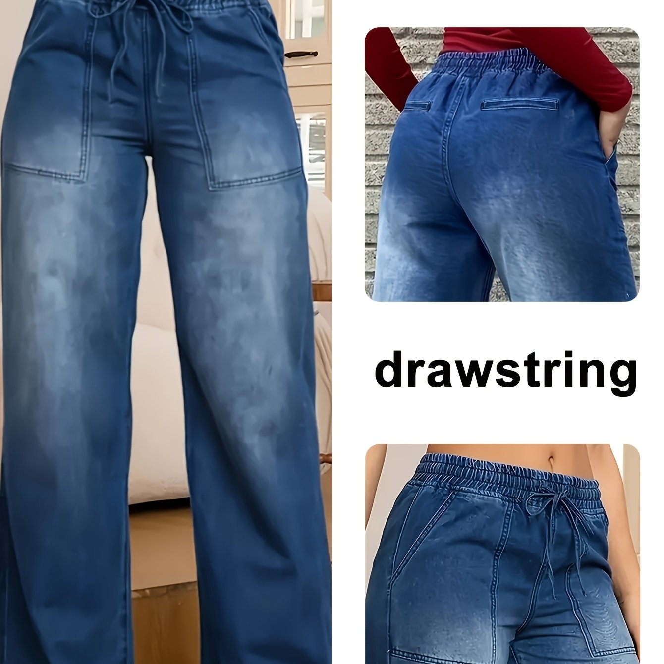 Women's Plus Size Blue Wide-Leg Jeans with Elastic Waist and Drawstring