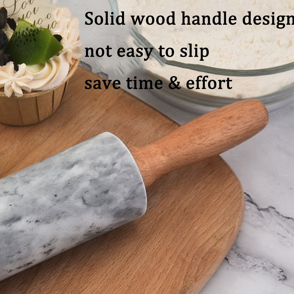Marble Rolling Pin 47.98cm with Wooden Stand Non-Stick Surface for Baking Cookies Pizza Pasta