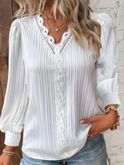 Ladies Lace Patchwork Shirt V-Neck Blouse Solid Polyester Fall Elegant