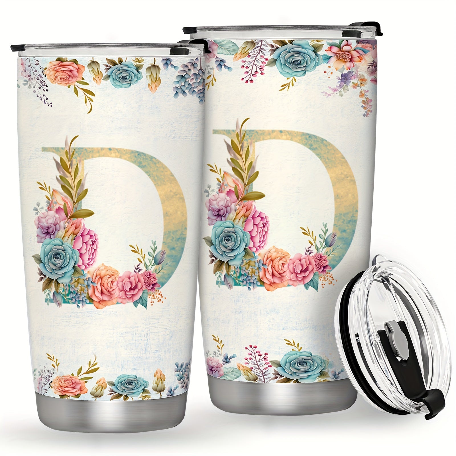 20oz Stainless Steel Tumbler with Monogram Floral Design Leak Proof Lid for Outdoor Use