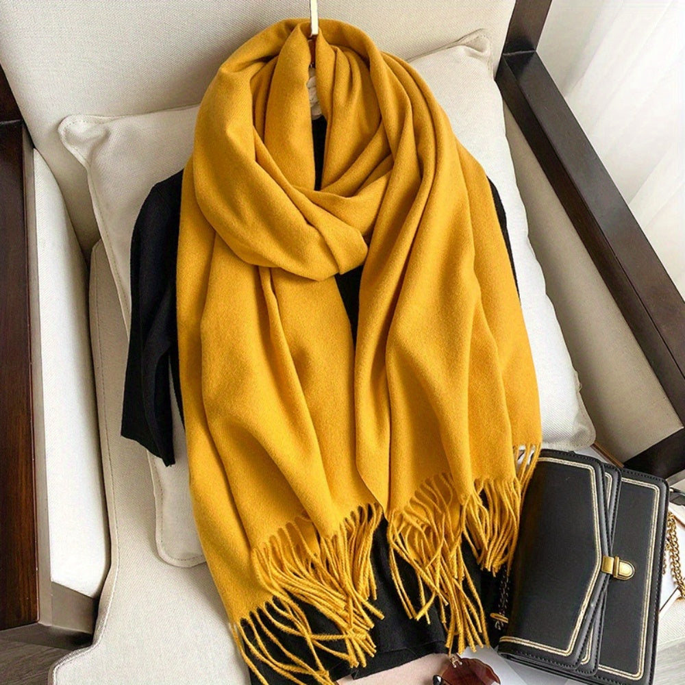 Women Black Tassel Shawl Scarf Thick Plush Wool Feel Double-Sided Cashmere Autumn Winter
