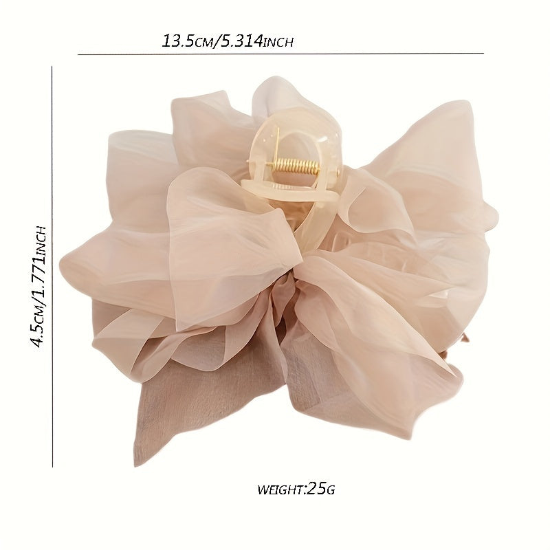 Large Beige Tulle Bow Hair Claw Clip with Milk Coffee Fairy Design for Women Girls