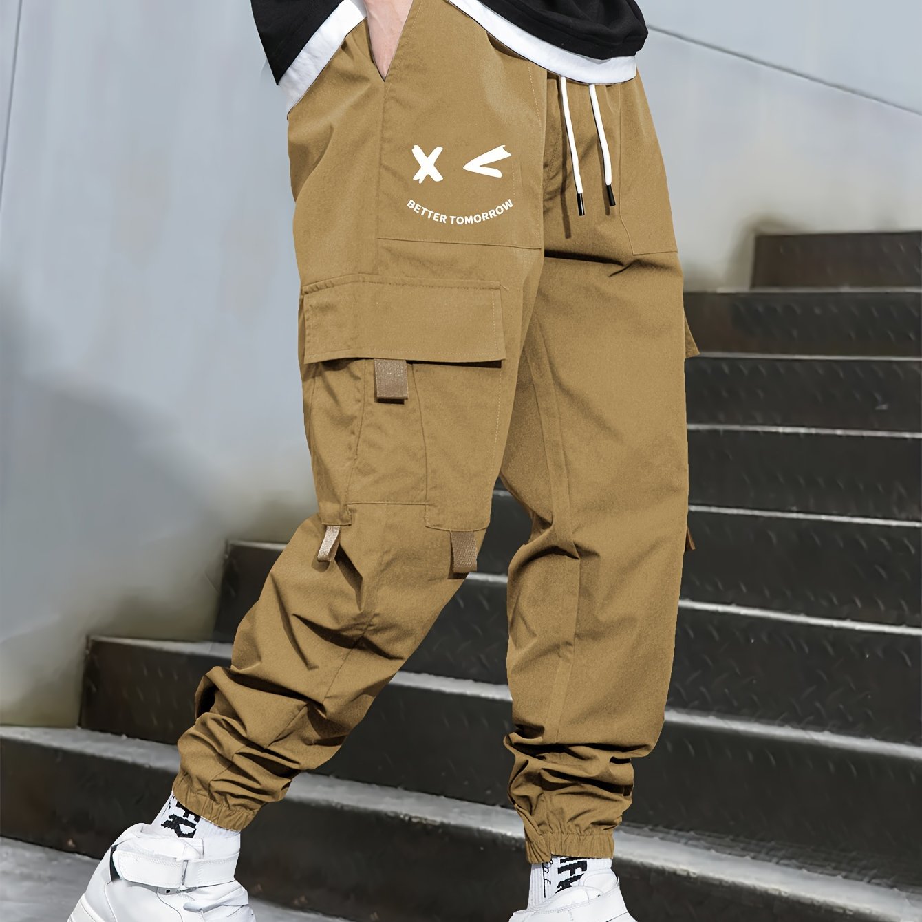 Men's Cargo Pants with Multiple Pockets Polyester Loose Fit Drawstring Waist Casual Outdoor Streetwear