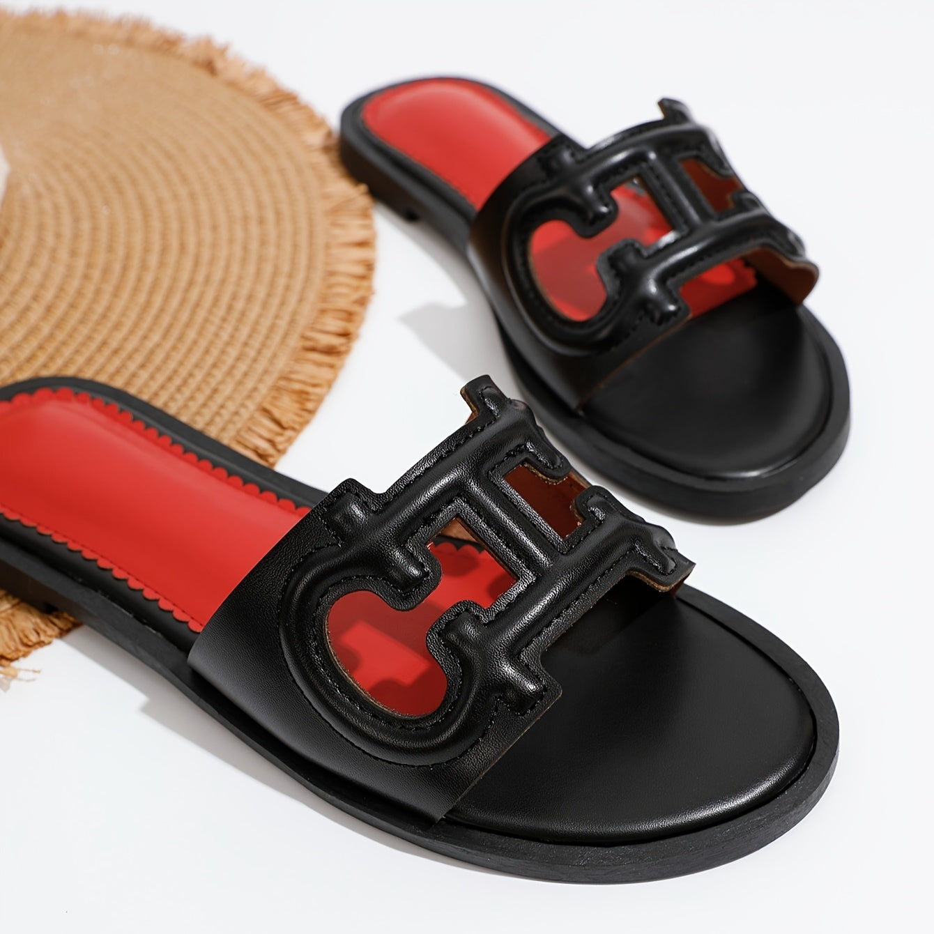 Women's Summer Slip-On Slippers Black PU Open-Toe Flat Casual