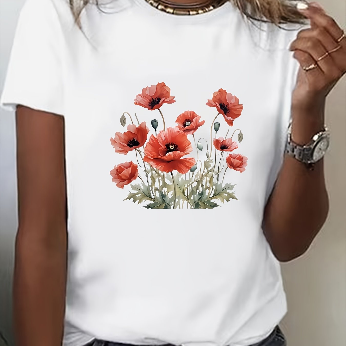 Plus Size Women's Floral Print Short Sleeve T-Shirt Red Green Casual Top