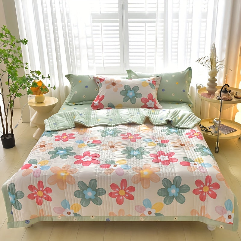 Floral Printed Quilt Set for All Seasons with Pillowcases for Single Double Bed Sofa Guest Room Home