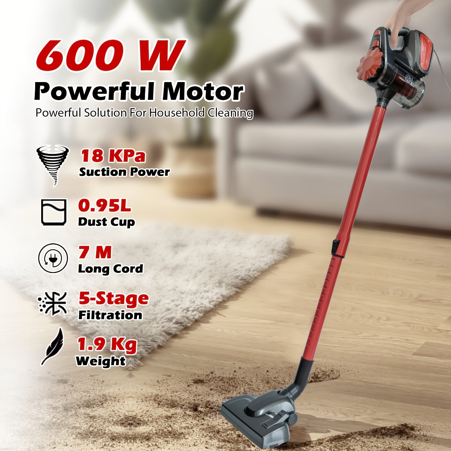 600W Handheld Vacuum Cleaner with 18KPa Suction Low Noise Corded Pet Hair Hard Floor Carpet