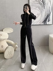 Conjunto de cárdigan con cremallera y pantalones de pierna ancha para mujer, casual, primavera y otoño, mezcla de poliéster