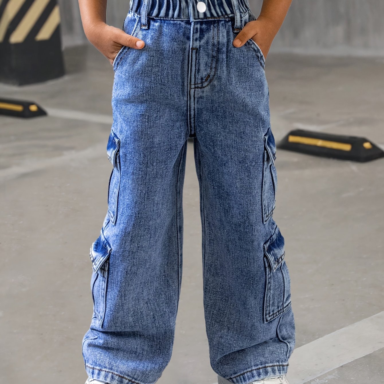 Джинсовые брюки-карго для девочек с эластичным поясом и многокарманным дизайном для возрастов 8-15 лет