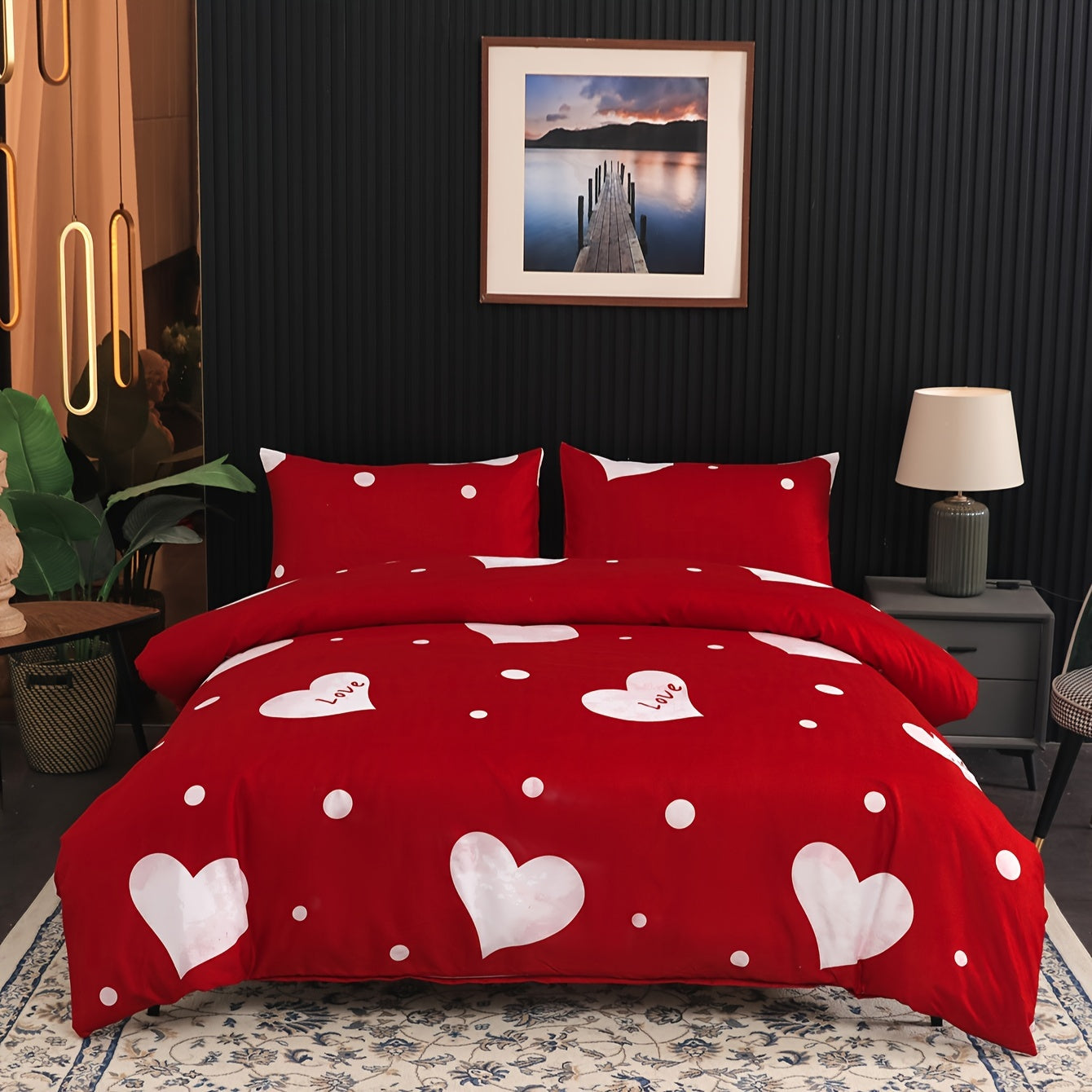Red Polka Dot Bedding Set with Pillowcases and Quilt Cover for Bedroom or Guest Room