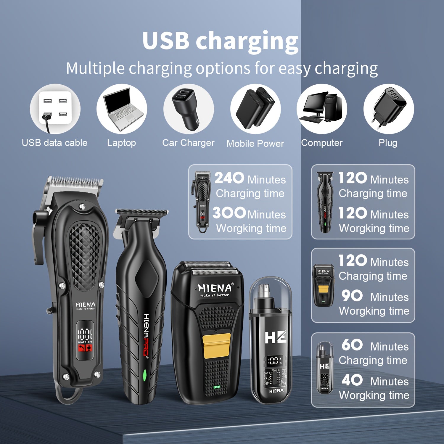 Set de 4 piezas de cortapelos inalámbrico con recortadora de hoja en T, afeitadora nasal, estuche de viaje, recargable por USB