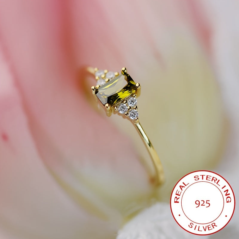 Sterling Silver Promise Ring 14k Gold Plated Waterish Zirconia Rectangular Engagement Wedding