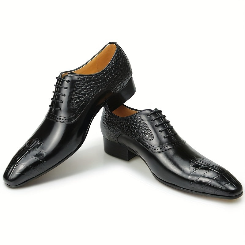 Men's Black Oxford Dress Shoes Topgrain Leather Crocodile Print Pointed Toe Business Formal