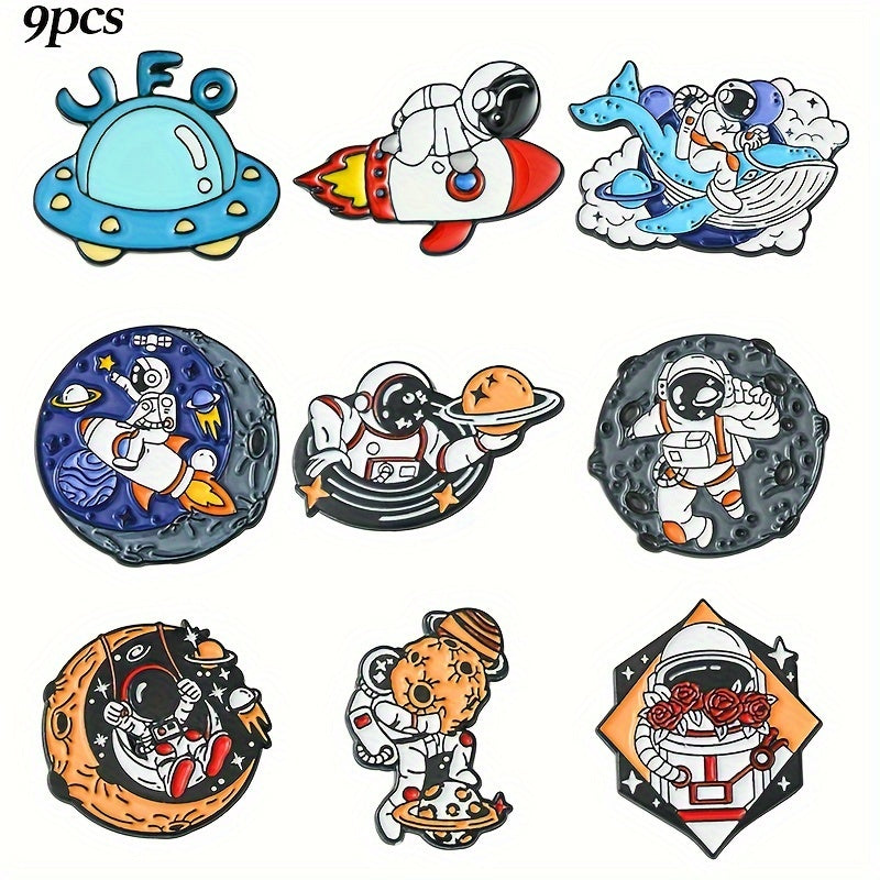 9 ta kosmik mavzudagi astronavt emal pinlari, sumkalar, shapka, kurtka uchun alloy broshlar to'plami
