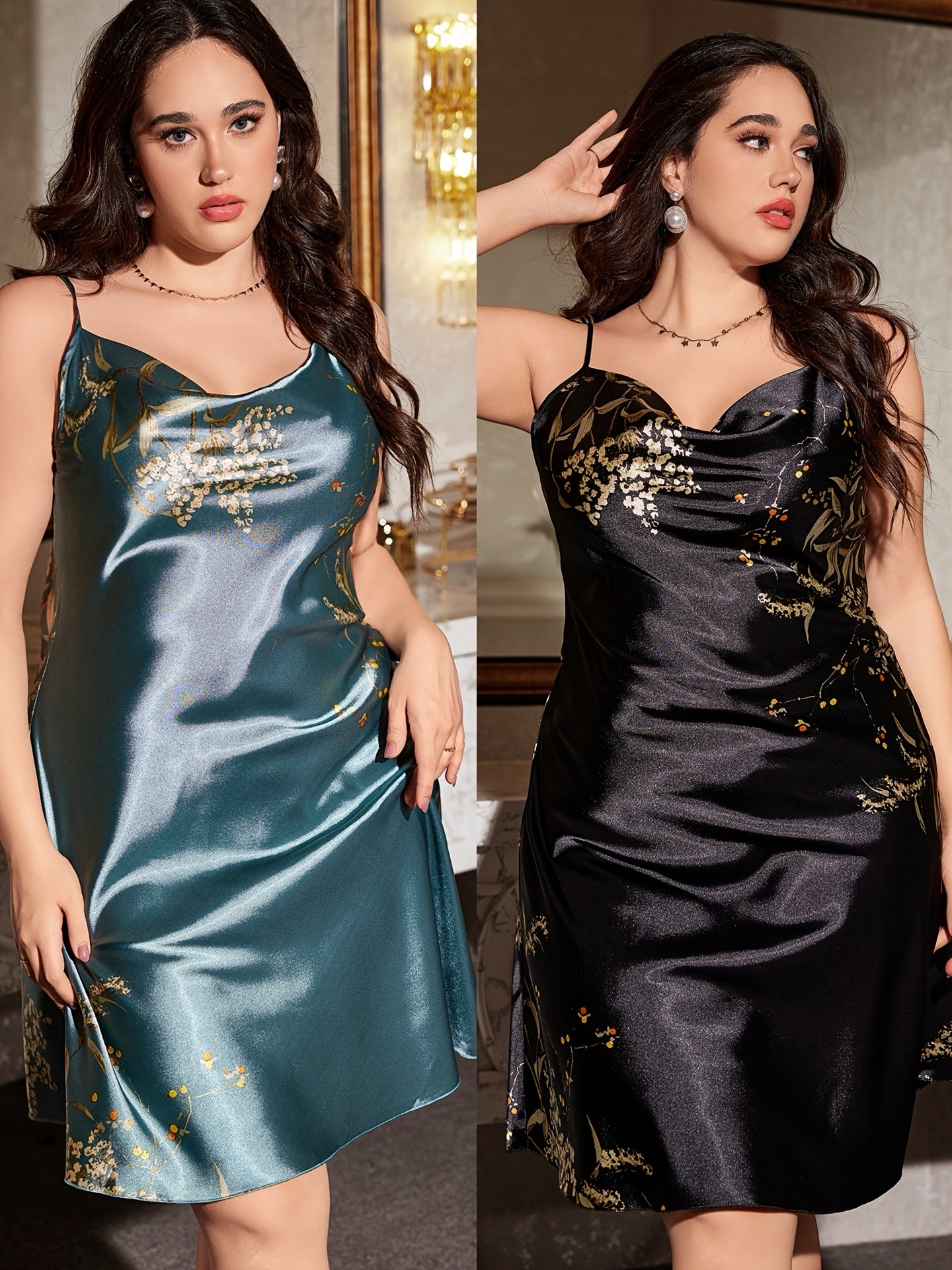 Plus Size Women's Cowl Neck Cherry Print Satin Camisole Sleepwear 2-Pack