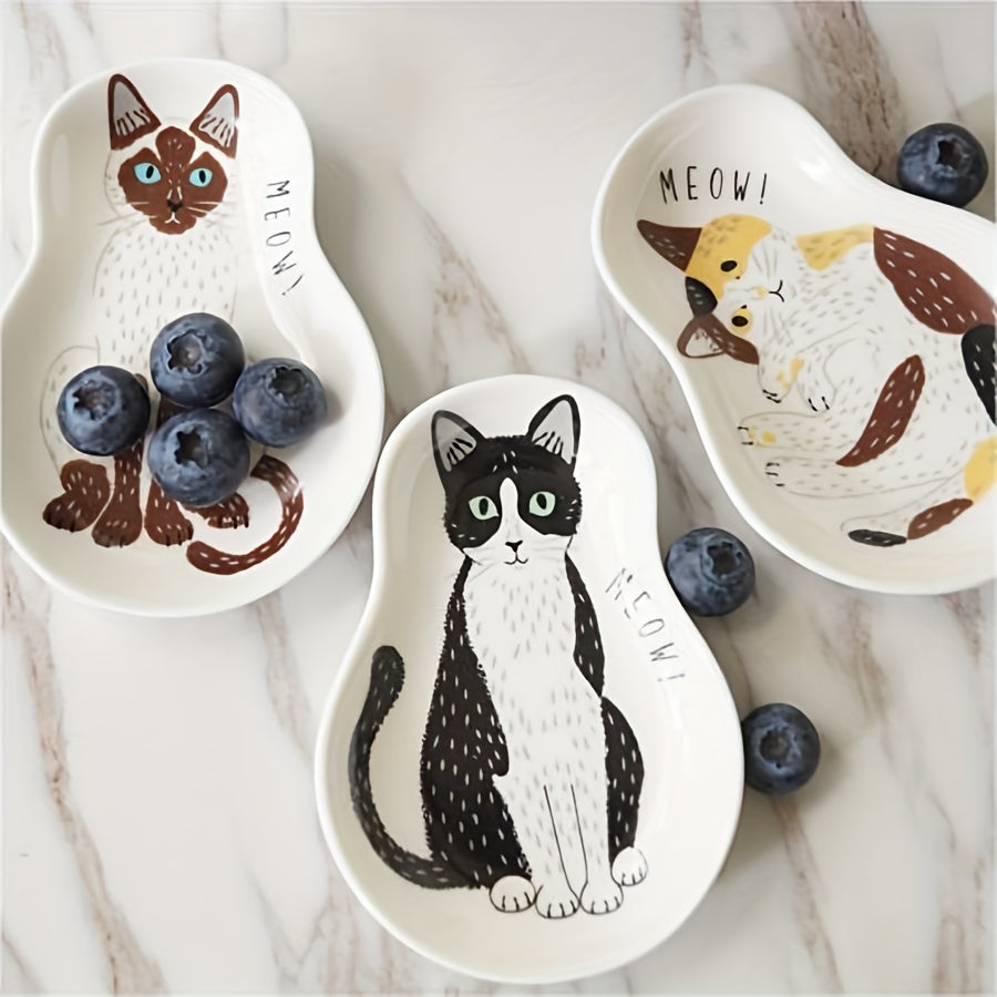 Ceramic Sauce Plate with Kitten Pattern Small Kitchen or Dorm Room Dish