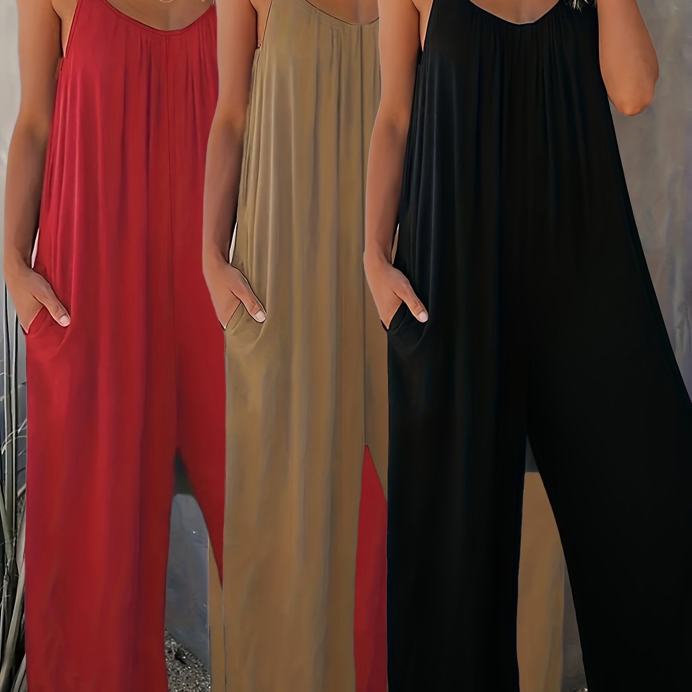 Women Summer Casual Strapless Jumpsuits Black Beige Red Pockets Stretchy